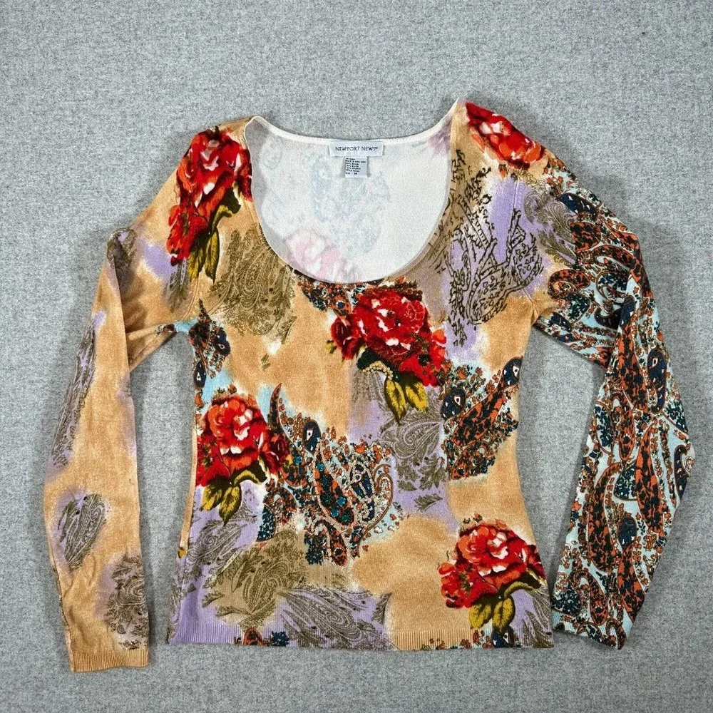 Vintage Y2K Newport News Womens Top Sweater Medium Floral Scoop Neck Sequin - Picture 14 of 14